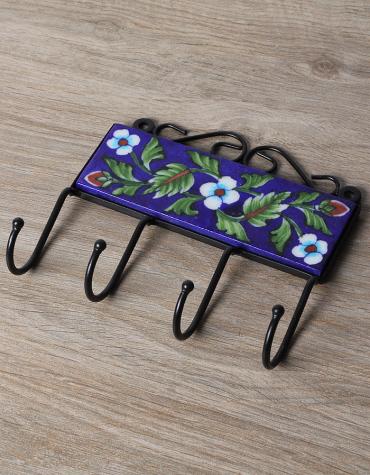 JAIPUR BLUE POTTERY HANDMADE TILE HOOK WITH IRON 2X6 INCHES - BLUE BASE WITH WHITE FLOWER