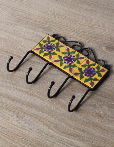 JAIPUR BLUE POTTERY HANDMADE TILE HOOK WITH IRON 2X6 INCHES - YELLOW BASE WITH BLUE FLOWER