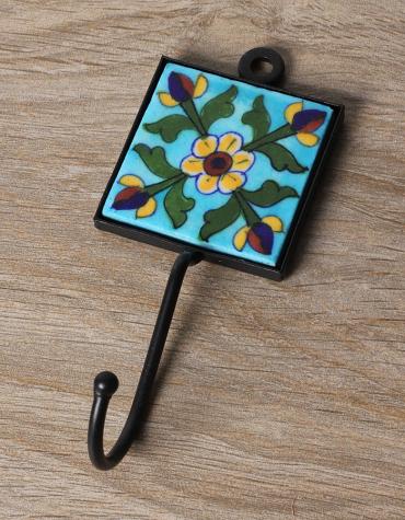 JAIPUR BLUE POTTERY HANDMADE TILE HOOK  WITH IRON 2X2 INCHES- TURQUOISE BASE WITH YELLOW FLOWER