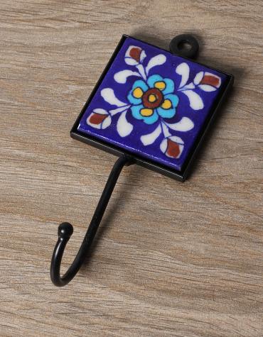 JAIPUR BLUE POTTERY HANDMADE TILE HOOK  WITH IRON 2X2 INCHES- BLUE BASE WITH TURQUOISE FLOWER