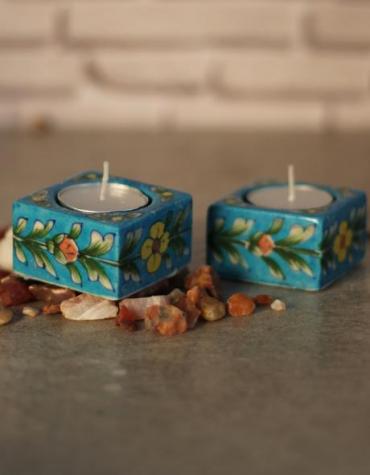 Jaipur Blue Pottery Handmade Square T-light Holder set of 2 pcs  - Turquoise Base with yellow flowers