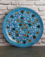 Jaipur Blue Pottery Handmade Wall Plate 10"  with Turquoise Base with Yellow Flowers 