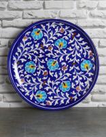 JAIPUR BLUE POTTERY HANDMADE WALL PLATE 12 INCHES - BLUE BASE WITH TURQUOISE FLOWER