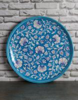 Jaipur Blue Pottery Handmade Wall Plate 12 inches with Turquoise Base and white zenia flowers