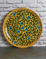Jaipur Blue Pottery Handmade Wall Plate 12 inches - Yellow Base with Turquoise flowers