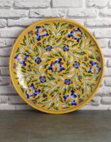 Jaipur Blue pottery Handcrafted Wall Plate 12 inches with Yellow Base and Blue Flowers 