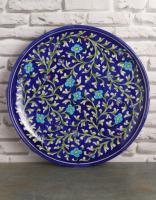 Jaipur Blue Pottery Handmade Wall Plate 12 inches with Blue Base and Turquoise Flowers 