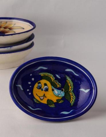 NEERJA BLUE POTTERY FISH DESIGN ON BLUE BASE SOAPDISH