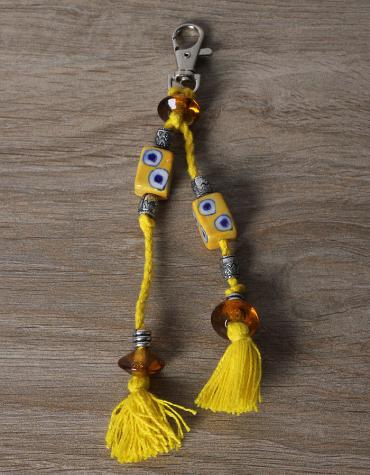 JAIPUR BLUE POTTERY HANDMADE BEAD BAG CHARM WITH COTTON THREAD WORK