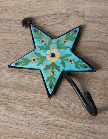 JAIPUR BLUE POTTERY HANDMADE STAR HOOK BIG WITH IRON -  TURQUOISE WITH YELLOW FLOWER