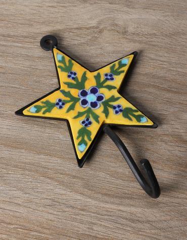 JAIPUR BLUE POTTERY HANDMADE STAR HOOK BIG WITH IRON - YELLOW