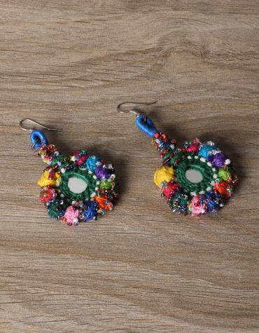 KALBELIYA HANDMADE  EARRING WITH COTTON BALL / MIRROR WORK