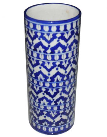 Blue design on White base Blue Pottery Cylinder 10 inches