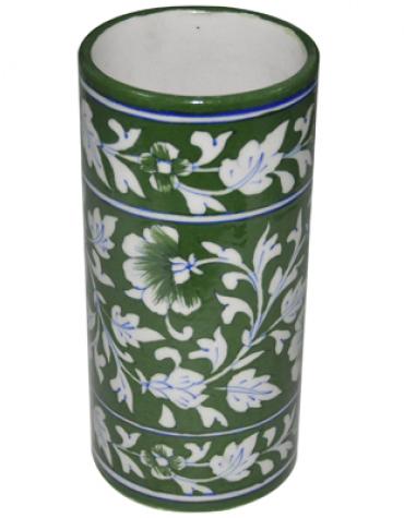 Green and White Design Blue Pottery Cylinder 8 inches