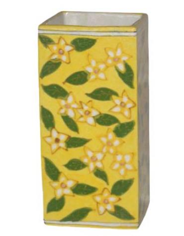 Green Leaf Pattern on Yellow Base Square Cylinder 8 inches