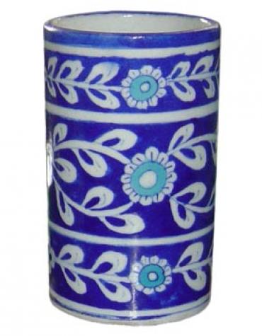 Handmade Blue and White Flower Leafy Pattern Cylinder 4 inches
