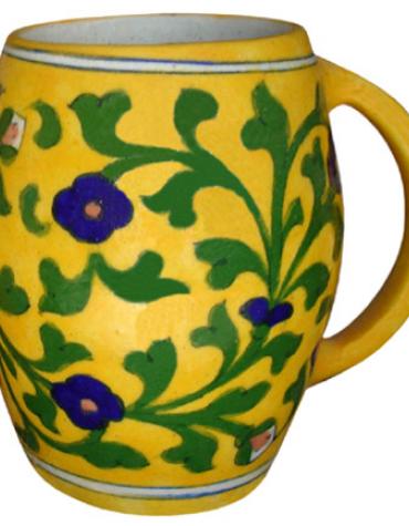 Flower and Leafy Design on Yellow Base Beer Mug