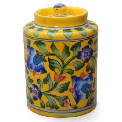 Jaipur Blue Pottery Handmade Jar 6 inches with lid  - Yellow base with Blue flower