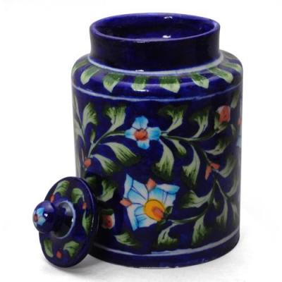 Jaipur Blue Pottery Handmade  Jar 6 inches - Blue Base with Turquoise Flower 