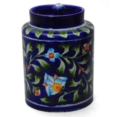 Jaipur Blue Pottery Handmade  Jar 6 inches - Blue Base with Turquoise Flower 