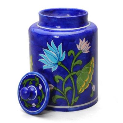 Jaipur Blue Pottery Handmade Jar 6 inches - Blue Base with Turquoise Lotus Flower