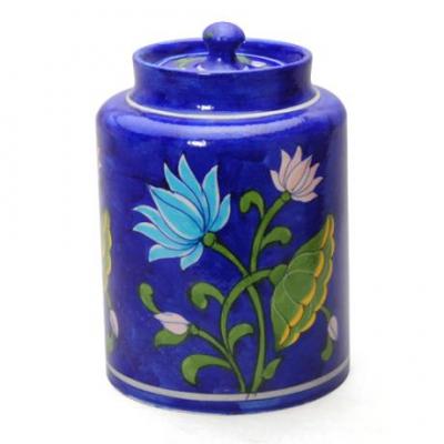 Jaipur Blue Pottery Handmade Jar 6 inches - Blue Base with Turquoise Lotus Flower