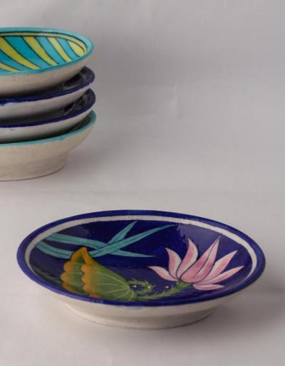 NEERJA BLUE POTTERY LOTUS FLOWER SOAP DISH ON BLUE BASE