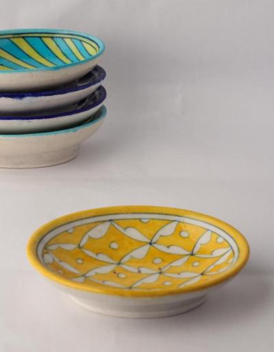 BLUE POTTERY SOAP DISH WITH GEOMETRICAL DESIGN ON YELLOW BASE