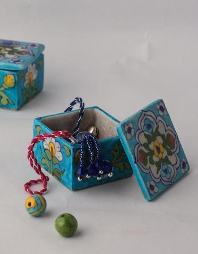 Turquoise Base with Yellow Flowers Mini Jewelry Box