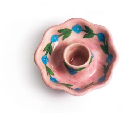 Jaipur Blue Potter Handmade Candle Plate Mellon Shape 3 inches -Pink Base  with Turquoise Flower 