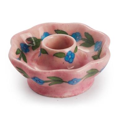Jaipur Blue Potter Handmade Candle Plate Mellon Shape 3 inches -Pink Base  with Turquoise Flower 