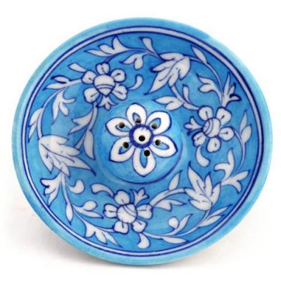 Jaipur Blue Pottery Handmade Incense Holder with Plate - Turquoise Base with white Flower 