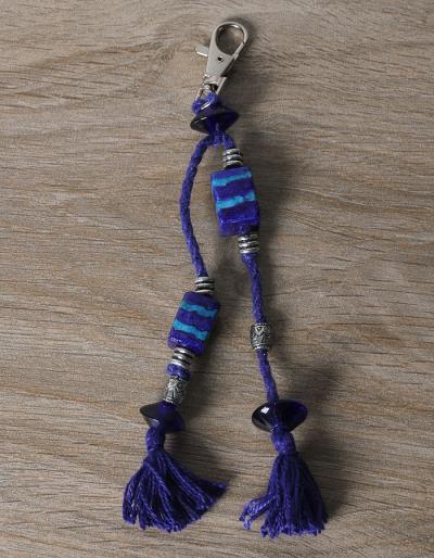 JAIPUR BLUE POTTERY HANDMADE BEAD BAG CHARM IN BLUE WITH COTTON THREAD WORK