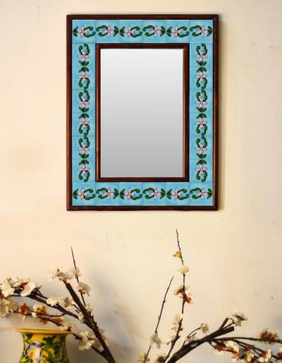 Turquoise base embossed Tile Mirror with flower pattern 12" x 16"