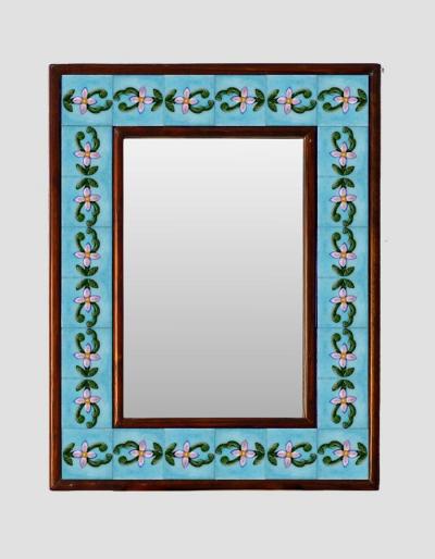 Turquoise base embossed Tile Mirror with flower pattern 12" x 16"