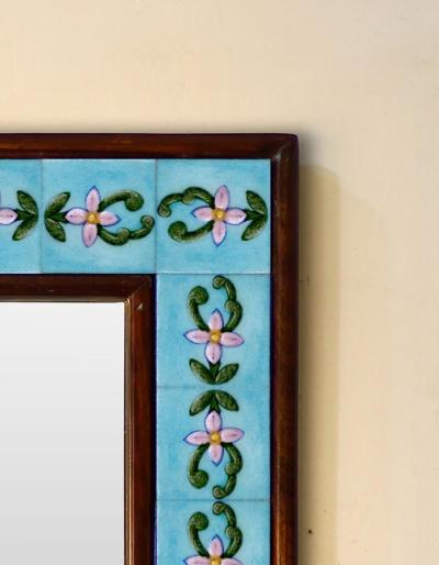 Turquoise base embossed Tile Mirror with flower pattern 12" x 16"