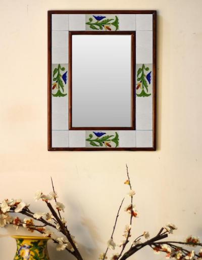 White base embossed Tile Mirror with floral and leafy pattern 12" x 16"