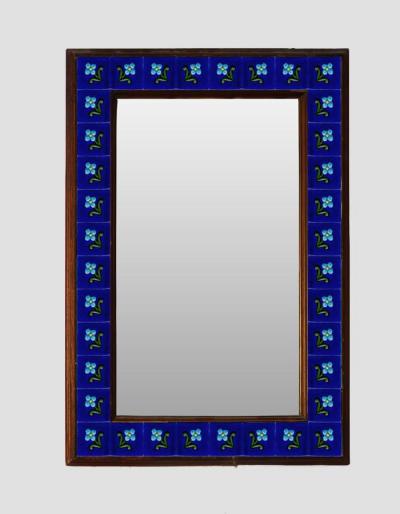 Blue Embossed Tiled Mirror with Flowers and Green Leaves 16" x 24"
