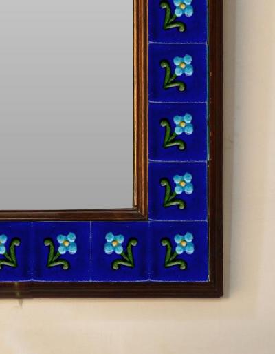 Blue Embossed Tiled Mirror with Flowers and Green Leaves 16" x 24"