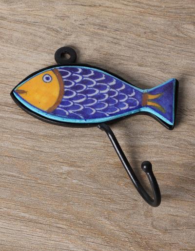 JAIPUR BLUE POTTERY HANDMADE FISH WITH IRON HOOK - BLUE COLOR