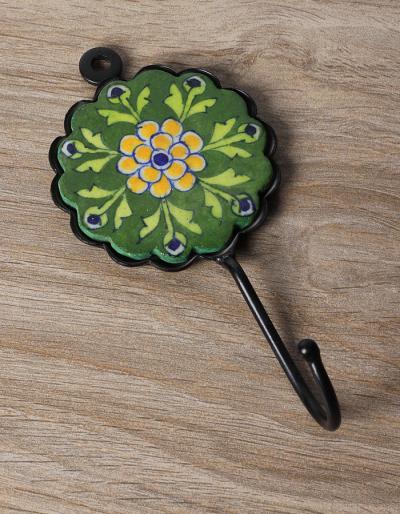 JAIPUR BLUE POTTERY HANDMADE FLOWER SHAPE HOOK WITH IRON - GREEN/YELLOW