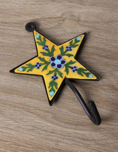 JAIPUR BLUE POTTERY HANDMADE STAR HOOK BIG WITH IRON - YELLOW