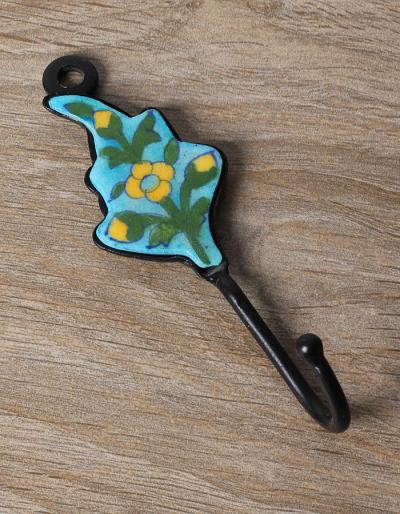 AIPUR BLUE POTTERY HANDMADE LEAF HOOK WITH IRON - TURQUOISE WITH YELLOW FLOWER