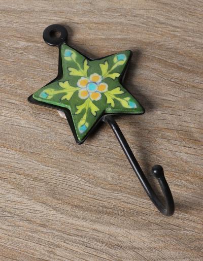 JAIPUR BLUE POTTERY HANDMADE STAR HOOK SMALL WITH IRON - GREEN BASE /YELLOW FLOWER