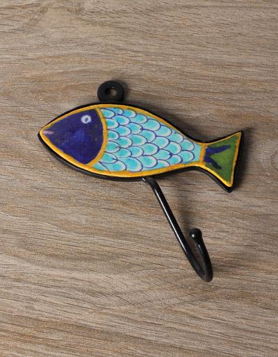 JAIPUR BLUE POTTERY HANDMADE FISH WITH IRON HOOK - TURQUOISE