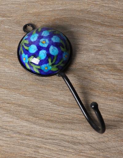 JAIPUR BLUE POTTERY HANDMADE SINGLE HOOK WITH IRON - BLUE BASE TURQUOISE FLOWER