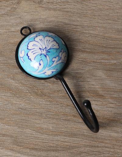 JAIPUR BLUE POTTERY HANDMADE SINGLE HOOK WITH IRON - TURQUOISE  BASE WHITE FLOWER