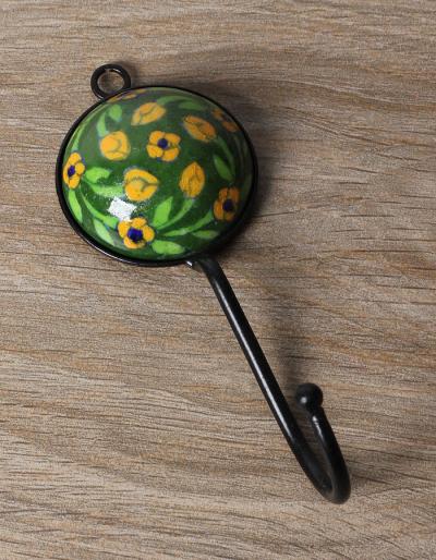 JAIPUR BLUE POTTERY HANDMADE SINGLE HOOK WITH IRON - GREEN BASE YELLOW FLOWER