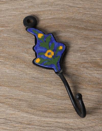 JAIPUR BLUE POTTERY HANDMADE LEAF HOOK WITH IRON -BLUE WITH YELLOW FLOWER