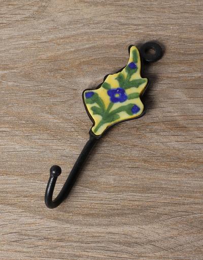 JAIPUR BLUE POTTERY HANDMADE LEAF HOOK WITH IRON -YELLOW WITH BLUE FLOWER